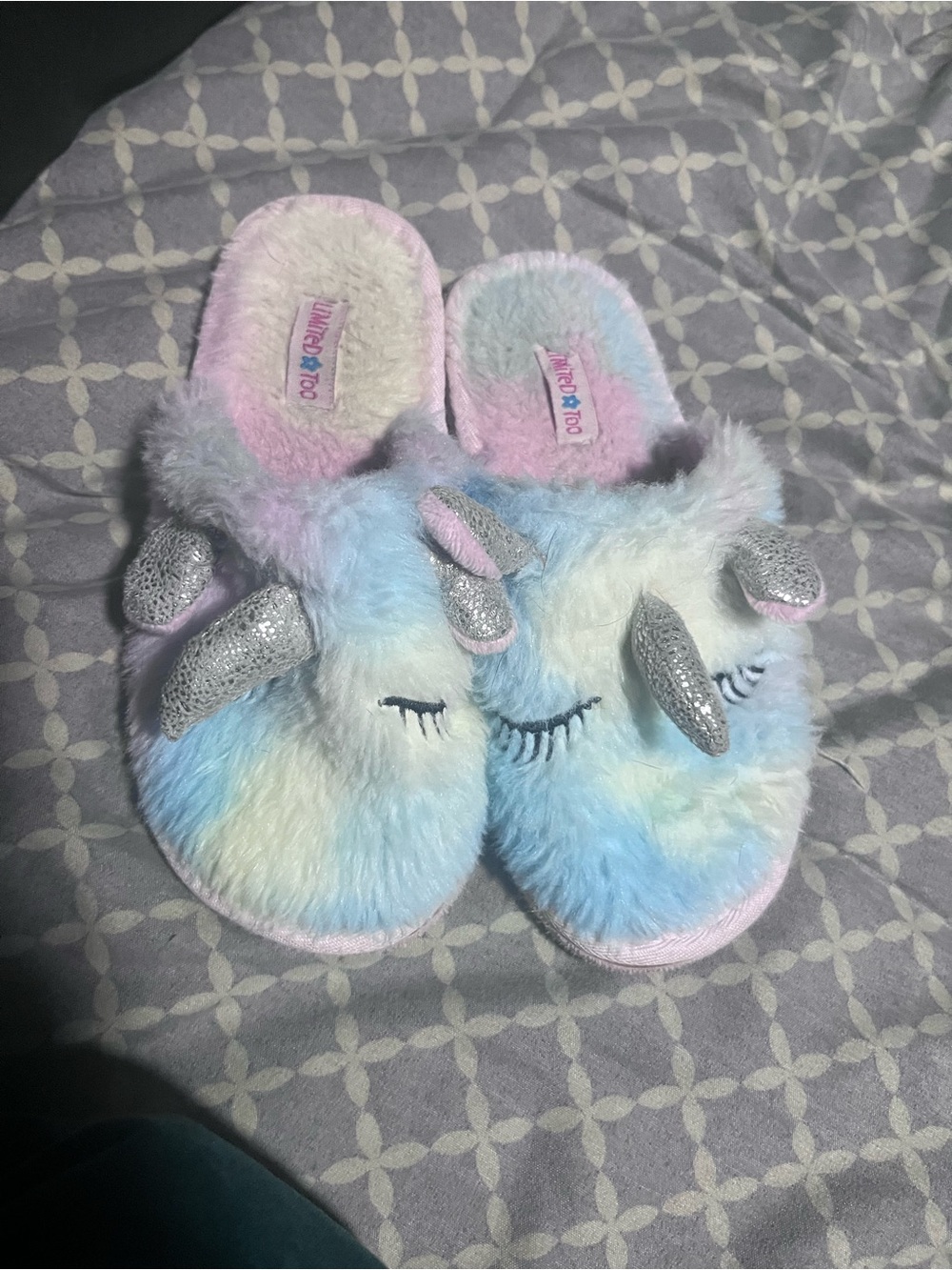 Kids' Pastel Unicorn Fuzzy Slippers - Blue, Pink, White